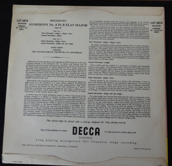 Ludwig van Beethoven - Symphony No. 4 In B Flat Major, Opus 60 (Vinyl, LP, Mono) Very Good Plus (VG+) / Very Good Plus (VG+)