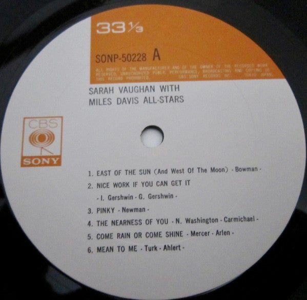Sarah Vaughan - Sarah Vaughan With Miles Davis All-Stars (Vinyl, LP, Album, Mono) Very Good (VG) / Very Good (VG)
