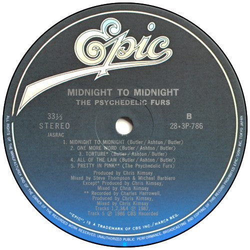 The Psychedelic Furs - Midnight To Midnight (Vinyl, LP, Album) Near Mint (NM or M-) / Very Good (VG)