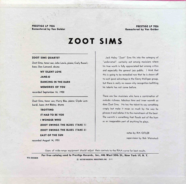 Zoot Sims - Quartets (Vinyl, LP, Album, Reissue, Mono) Very Good Plus (VG+) / Near Mint (NM or M-)