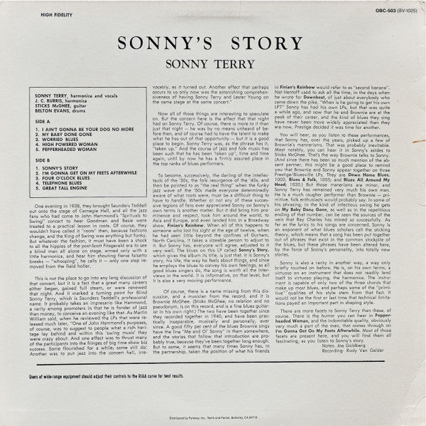 Sonny Terry - Sonny's Story (Vinyl, LP, Album, Reissue) Very Good Plus (VG+) / Very Good Plus (VG+)