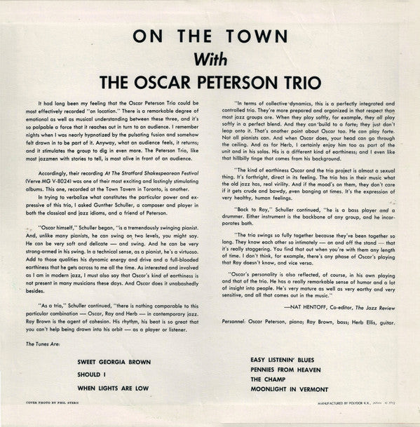 The Oscar Peterson Trio - On The Town With The Oscar Peterson Trio (Vinyl, LP, Album, Reissue, Stereo) Very Good (VG) / Very Good (VG)