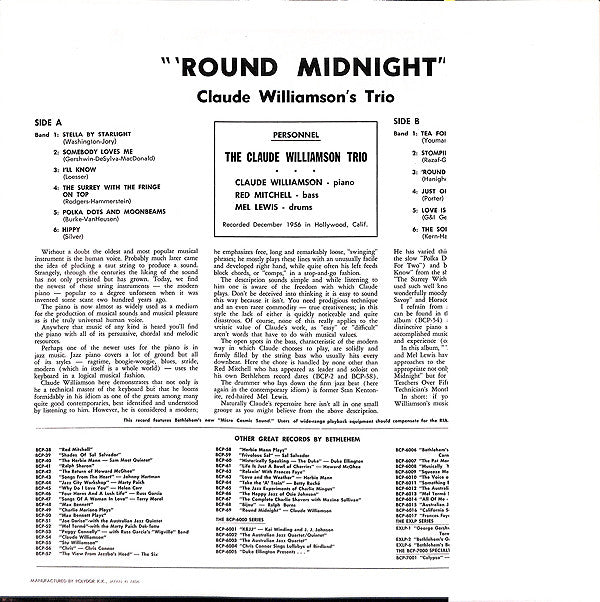 The Claude Williamson Trio - 'Round Midnight (Vinyl, LP, Album, Reissue, Mono) Very Good Plus (VG+) / Very Good Plus (VG+)
