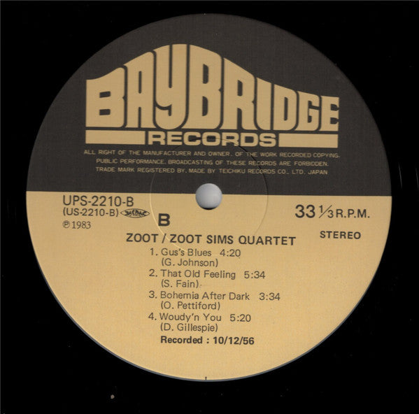 Zoot Sims Quartet - Zoot (Vinyl, LP, Album, Reissue, Stereo) Near Mint (NM or M-) / Very Good Plus (VG+)