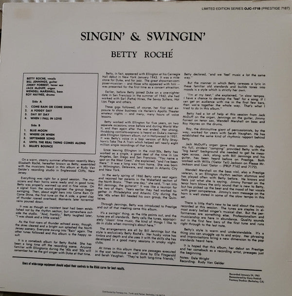 Betty Roché - Singin' & Swingin' (Vinyl, LP, Album, Limited Edition, Reissue, Remastered, Stereo) Good Plus (G+) / Very Good (VG)