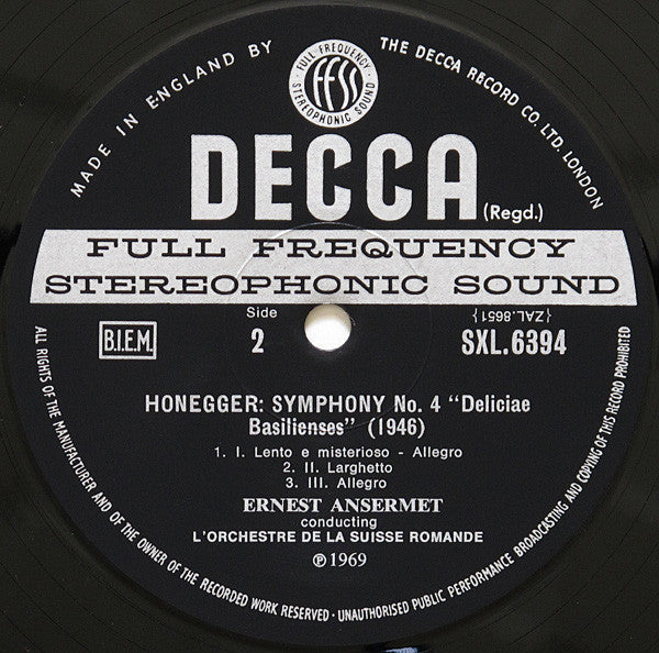 Arthur Honegger - Symphony No. 3 Liturgique / Symphony No. 4 Deliciae Basilienses (Vinyl, LP) Very Good (VG) / Very Good Plus (VG+)