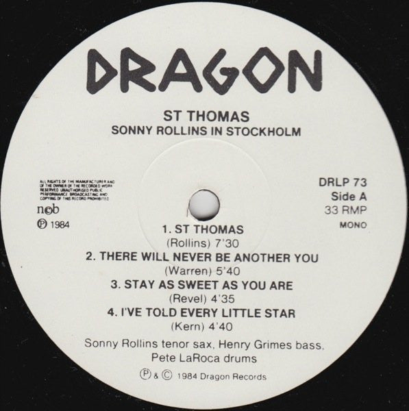 Sonny Rollins Trio - St Thomas - Sonny Rollins Trio In Stockholm 1959 (Vinyl, LP, Album) Very Good Plus (VG+) / Very Good Plus (VG+)