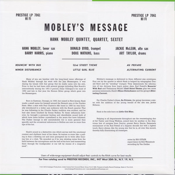 Hank Mobley - Mobley's Message (Vinyl, LP, Album, Reissue, Remastered, Mono) Mint (M) / Mint (M)