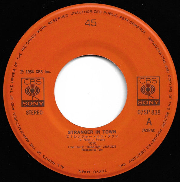Toto - Stranger In Town (Vinyl, 7", 45 RPM, Single, Stereo) Very Good Plus (VG+) / Very Good Plus (VG+)