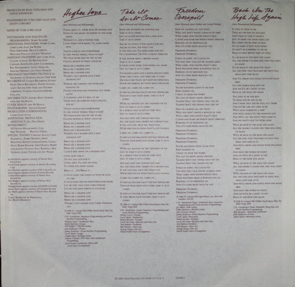 Steve Winwood - Back In The High Life (Vinyl, LP, Album, Club Edition, Stereo) Very Good Plus (VG+) / Very Good Plus (VG+)