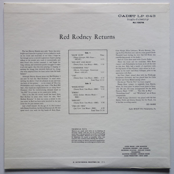 Red Rodney - Red Rodney Returns (Vinyl, LP, Album, Mono) Very Good (VG) / Very Good Plus (VG+)