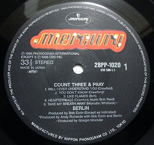 Berlin - Count Three & Pray (Vinyl, LP, Album) Very Good (VG) / Very Good Plus (VG+)