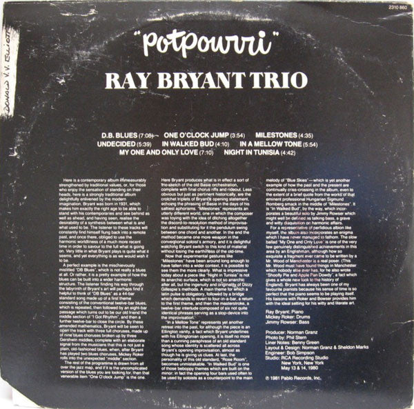 Ray Bryant Trio - Potpourri (Vinyl, LP) Very Good (VG) / Good Plus (G+)