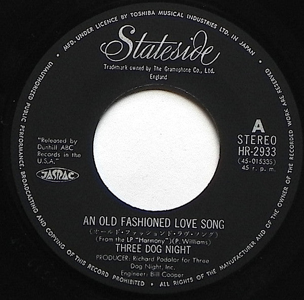 Three Dog Night - An Old Fashioned Love Song (Vinyl, 7", 45 RPM, Single, Stereo) Very Good Plus (VG+) / Very Good Plus (VG+)