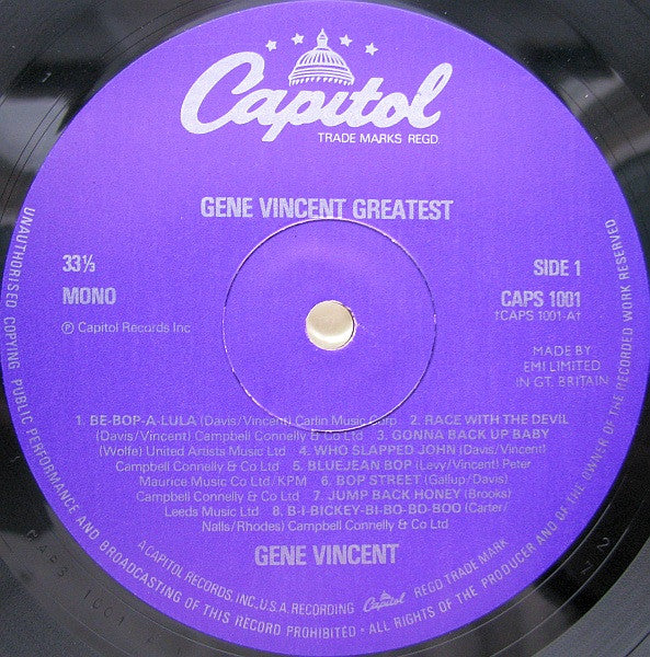 Gene Vincent - Gene Vincent Greatest (Vinyl, LP, Mono, Compilation) Very Good (VG) / Very Good (VG)