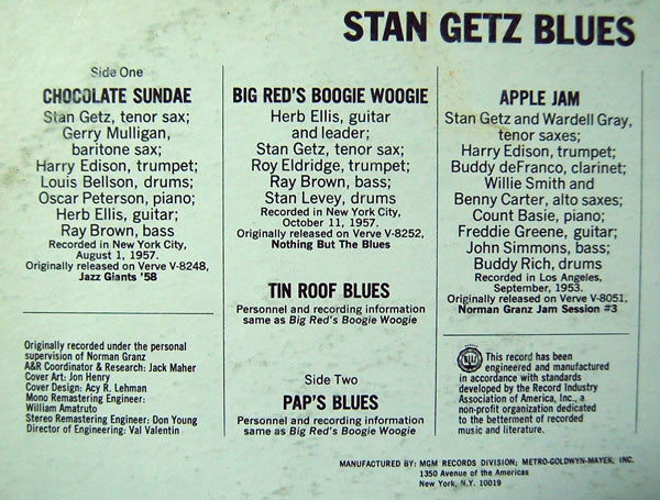 Stan Getz - Stan Getz Blues (Vinyl, LP, Compilation) Very Good (VG) / Very Good (VG)
