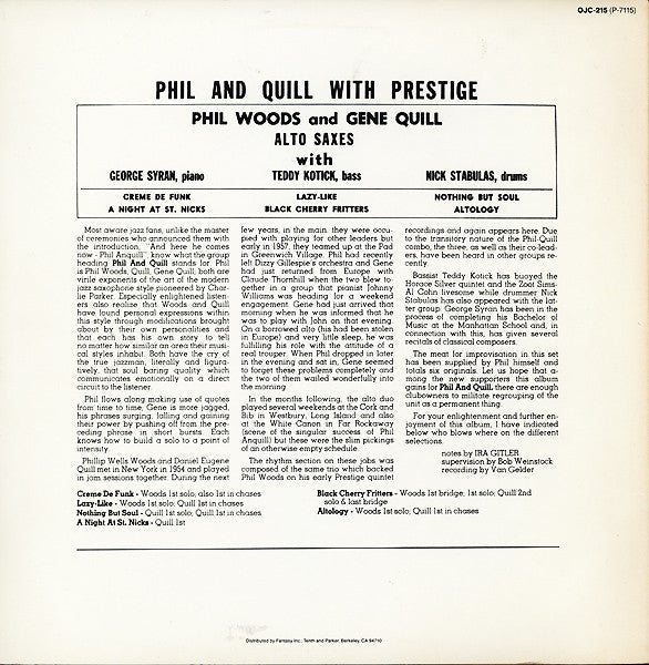 Phil Woods/Gene Quill Quintet - Phil & Quill With Prestige (Vinyl, LP, Album, Reissue) Very Good Plus (VG+) / Very Good Plus (VG+)