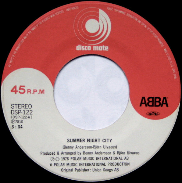 ABBA - Summer Night City (Vinyl, 7", 45 RPM, Single) Very Good (VG) / Very Good (VG)