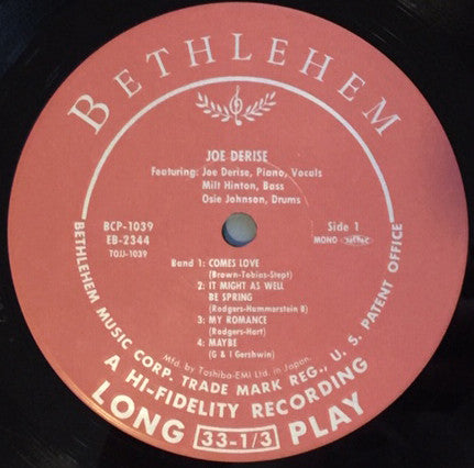 Joe Derise - Joe Derise Sings (Vinyl, 10", Deluxe Edition, Mono) Very Good Plus (VG+) / Very Good (VG)
