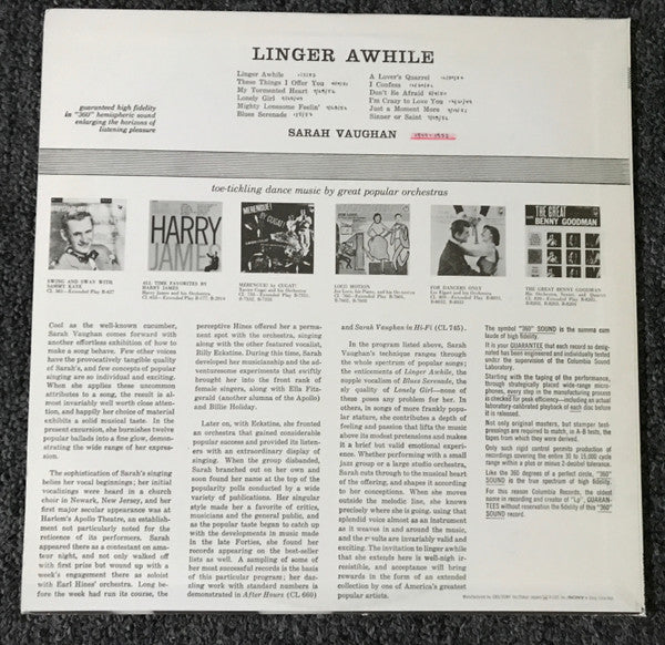 Sarah Vaughan - Linger Awhile (Vinyl, LP, Album, Reissue, Mono) Near Mint (NM or M-) / Near Mint (NM or M-)