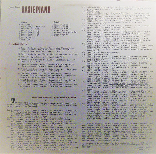 Count Basie - Basie Piano (Vinyl, LP, Compilation) Very Good Plus (VG+) / Very Good (VG)