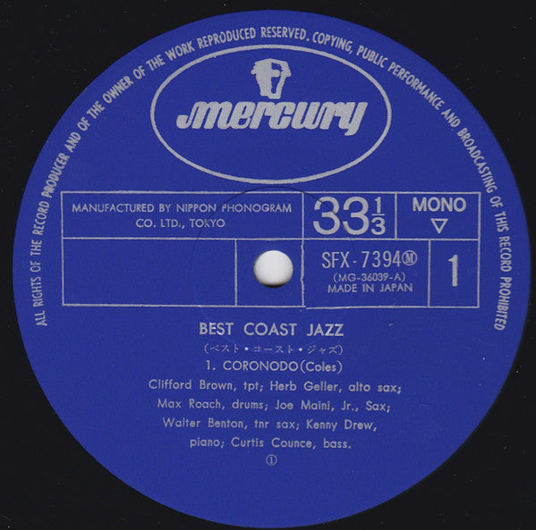 Max Roach - Best Coast Jazz (Vinyl, LP, Album, Mono) Very Good (VG) / Very Good Plus (VG+)
