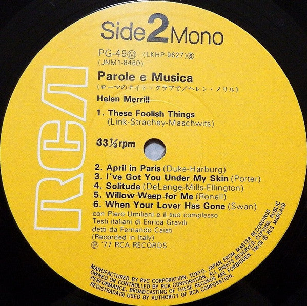 Helen Merrill - Parole E Musica (Vinyl, LP, Album, Mono) Very Good Plus (VG+) / Very Good (VG)