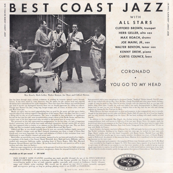 Max Roach - Best Coast Jazz (Vinyl, LP, Album, Mono) Very Good (VG) / Very Good Plus (VG+)