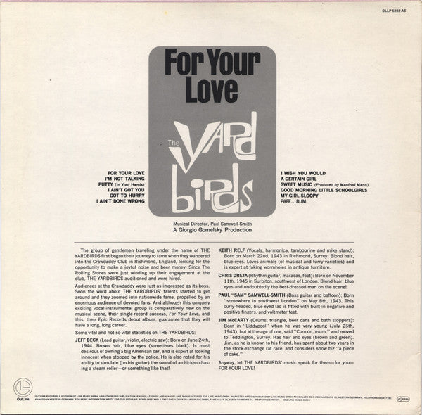 The Yardbirds - For Your Love (Vinyl, LP, Album, Stereo, Reissue) Very Good Plus (VG+) / Very Good Plus (VG+)