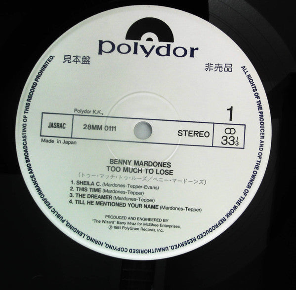 Benny Mardones - Too Much To Lose (Vinyl, LP, Album, Promo) Very Good Plus (VG+) / Very Good (VG)
