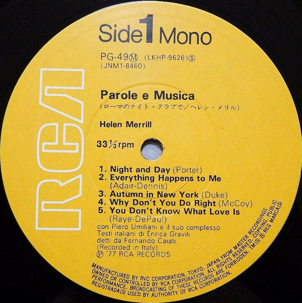 Helen Merrill - Parole E Musica (Vinyl, LP, Album, Mono) Very Good Plus (VG+) / Very Good (VG)