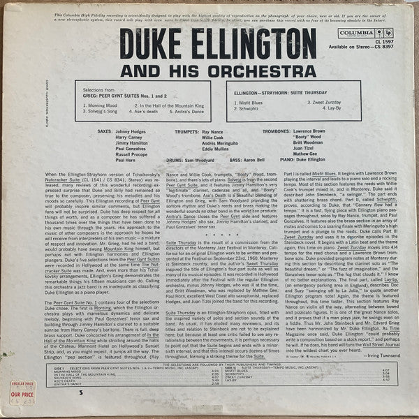 Duke Ellington And His Orchestra - Selections From Peer Gynt Suites Nos. 1 & 2 And Suite Thursday (Vinyl, LP, Album, Mono) Very Good (VG) / Good Plus (G+)