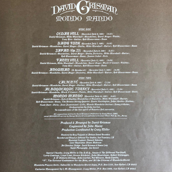 David Grisman - Mondo Mando (Vinyl, LP, Album) Very Good Plus (VG+) / Near Mint (NM or M-)