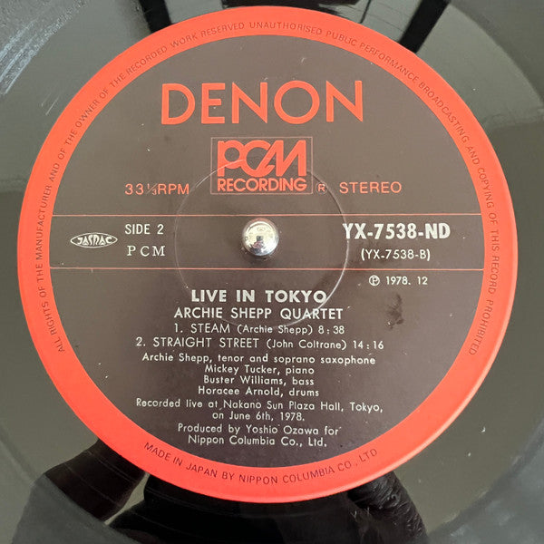 Archie Shepp Quartet - Live In Tokyo (Vinyl, LP, Album, Stereo) Near Mint (NM or M-) / Very Good Plus (VG+)