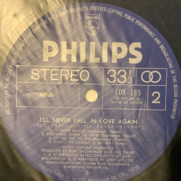 Dionne Warwick - I'll Never Fall In Love Again (Vinyl, LP, Album, Stereo) Very Good Plus (VG+) / Very Good (VG)