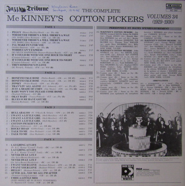 McKinney's Cotton Pickers - The Complete McKinney's Cotton Pickers Volumes 3/4 (1929-1930) (2xVinyl, LP, Compilation) Very Good (VG) / Very Good Plus (VG+)