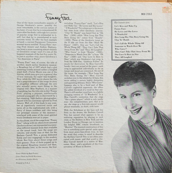 Barbara Carroll Trio - Funny Face (Vinyl, LP, Mono) Good Plus (G+) / Good (G)