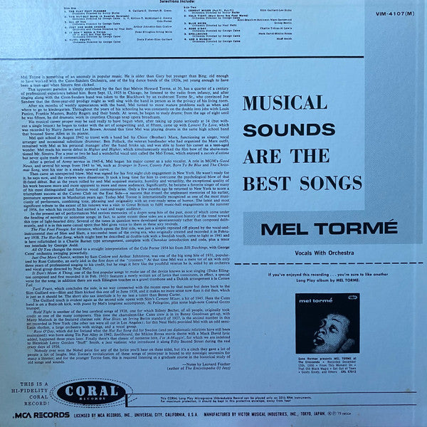 Mel Tormé - Musical Sounds Are The Best Songs (Vinyl, LP, Mono) Very Good Plus (VG+) / Very Good (VG)