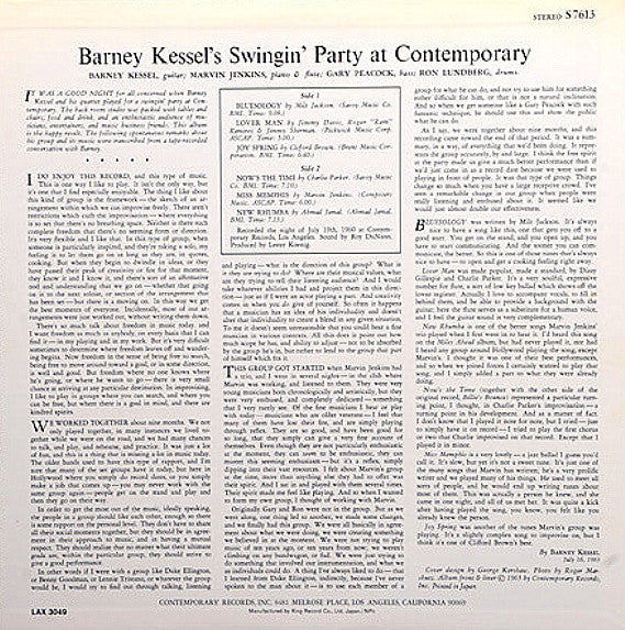 Barney Kessel - Barney Kessel's Swingin' Party At Contemporary (Vinyl, LP, Album, Stereo) Near Mint (NM or M-) / Very Good Plus (VG+)
