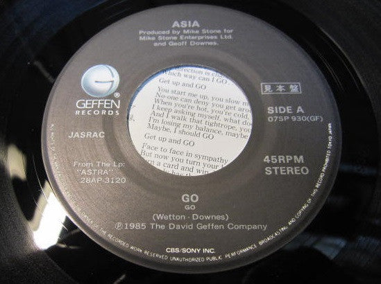 Asia (2) - Go (Vinyl, 7", 45 RPM, Single, Promo) Very Good Plus (VG+) / Very Good Plus (VG+)