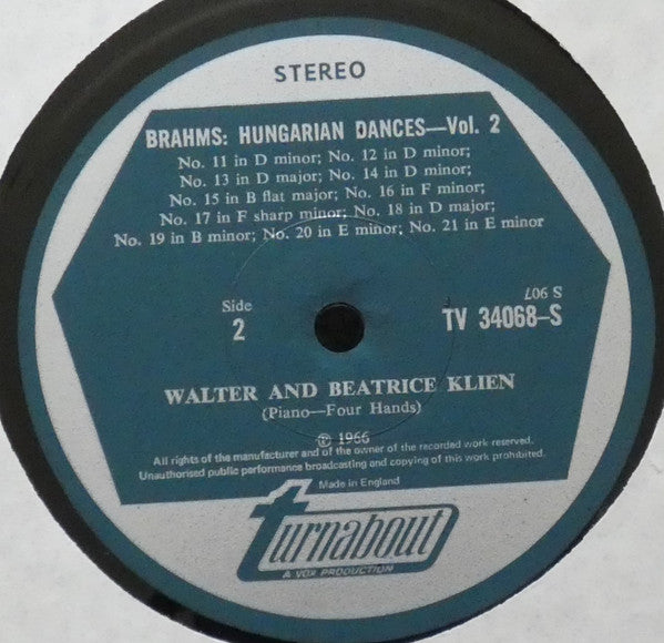 Beatriz Klien - Brahms Hungarian Dances For Piano Four-hands (Vinyl, LP, Stereo) Very Good (VG) / Very Good (VG)