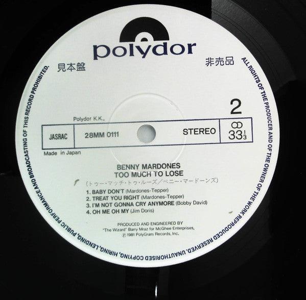 Benny Mardones - Too Much To Lose (Vinyl, LP, Album, Promo) Very Good Plus (VG+) / Very Good (VG)