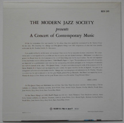 The Modern Jazz Society - Presents A Concert Of Contemporary Music (Vinyl, LP, Album, Mono) Very Good Plus (VG+) / Very Good Plus (VG+)