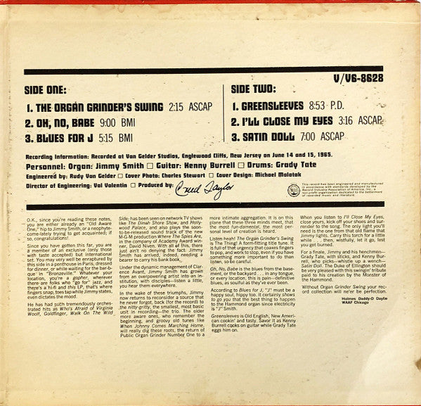 Jimmy Smith - Organ Grinder Swing (Vinyl, LP, Album, Stereo) Very Good (VG) / Very Good (VG)