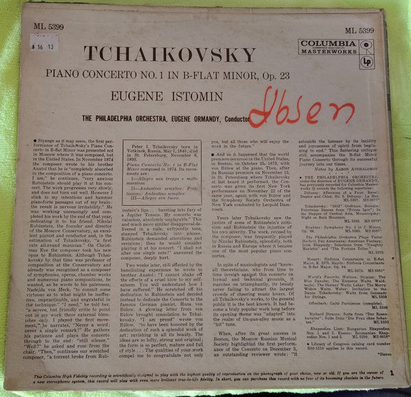Eugene Istomin - Tchaikovsky Piano Concerto No. 1 In B-Flat Minor, Op. 23 (Vinyl, LP, Mono) Good Plus (G+) / Very Good (VG)