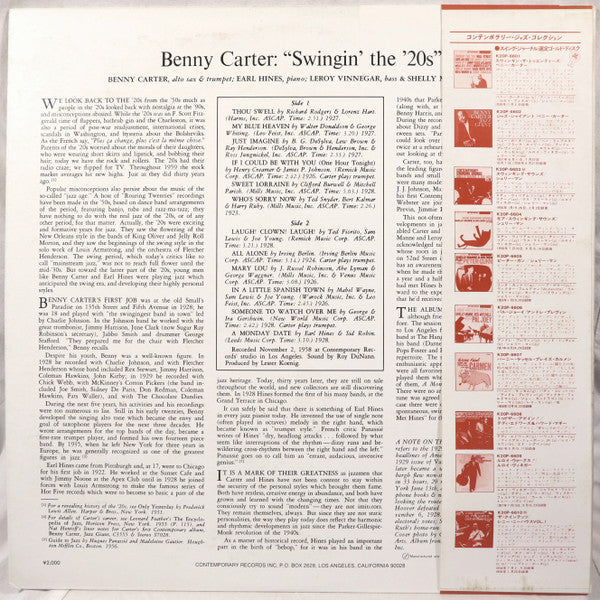 The Benny Carter Quartet - Swingin' The '20s (Vinyl, LP, Album, Promo, Reissue, Stereo) Very Good (VG) / Very Good (VG)