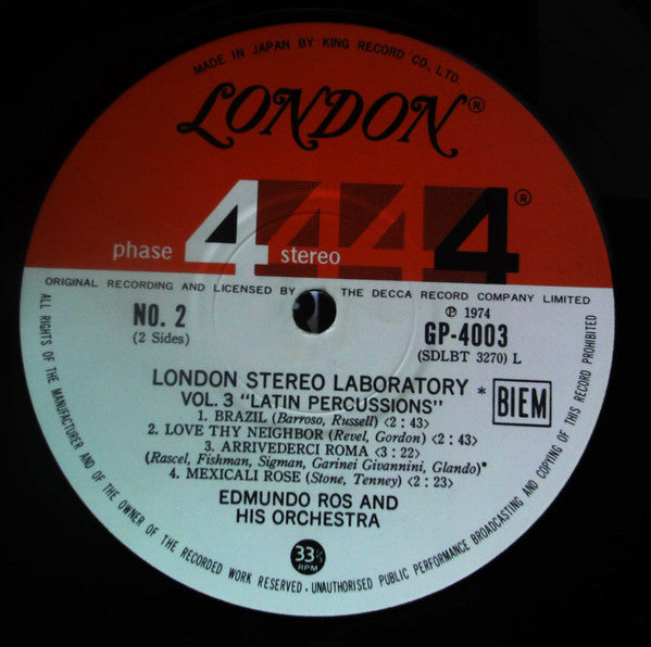 Edmundo Ros & His Orchestra - London Stereo Laboratory, Vol. 3 - Latin Percussions (Vinyl, LP, Compilation, Special Edition, Stereo) Very Good (VG) / Very Good (VG)