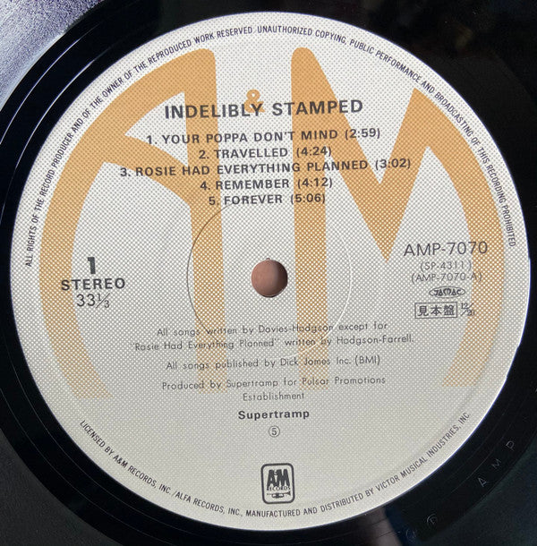 Supertramp - Indelibly Stamped (Vinyl, LP, Album, Promo, Reissue) Very Good Plus (VG+) / Very Good (VG)