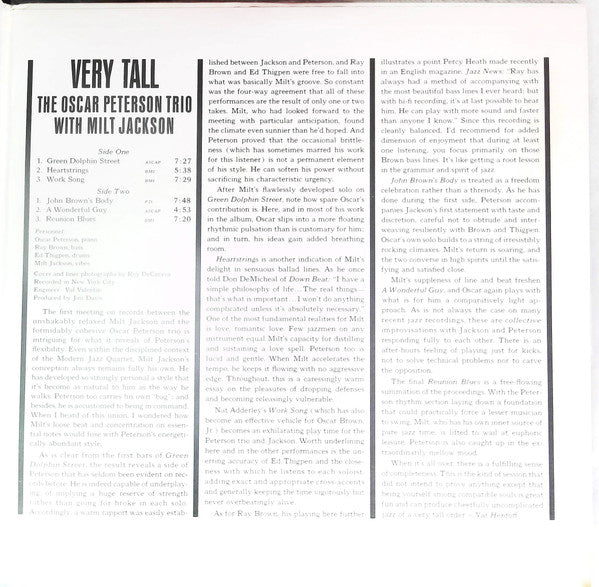 The Oscar Peterson Trio - Very Tall (Vinyl, LP, Album, Reissue, Stereo) Very Good Plus (VG+) / Very Good Plus (VG+)