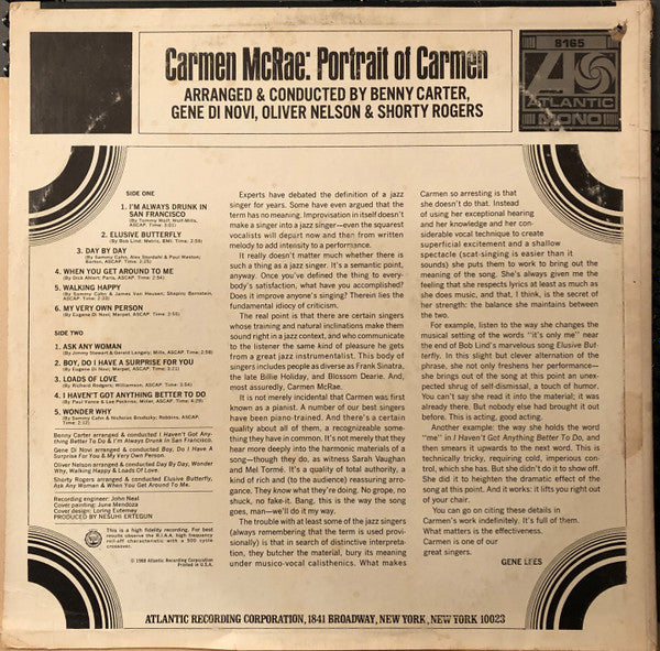 Carmen McRae - Portrait Of Carmen (Vinyl, LP, Album, Mono) Very Good (VG) / Poor (P)